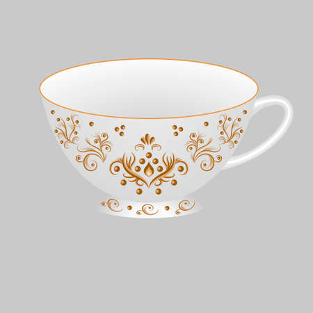 Decorative porcelain tea cup ornate with oriental vintage pattern. Isolated green cup painted with golden floral ornament. Vector illustrationのイラスト素材