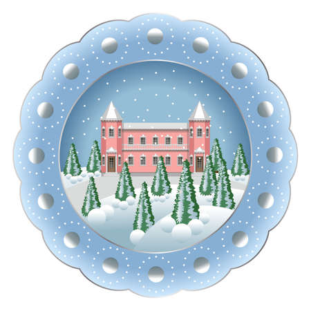 Decorative Christmas souvenir plate isolated. Porcelain plate painted with Christmas winter landscape scene. Snow, trees, snowflakes, house. Vector illustrationのイラスト素材