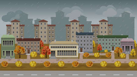 Urban vector cartoon cityscape with set of residential houses and buildings in atmospheric autumn rainy landscape. Colorful trees, modern houses, rain, road and walks. Flat  style, vector illustrationのイラスト素材