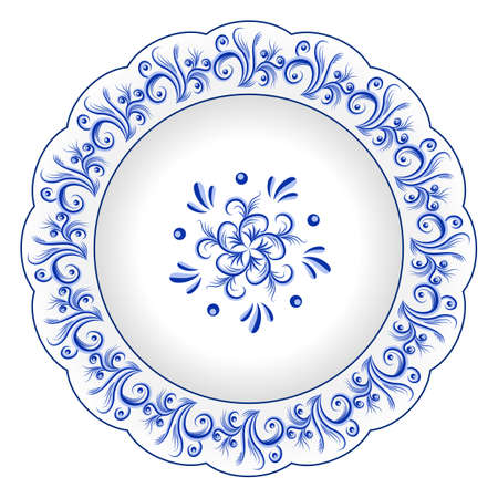 Decorative porcelain plate ornate with blue floral ornament pattern in traditional Russian style Gzhel with vintage elements. Isolated object, white plate with blue paint. Vector illustrationのイラスト素材