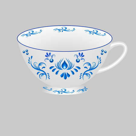 Decorative porcelain tea cup ornate with blue floral pattern in traditional Russian style Gzhel. Isolated object, white cup with blue ornament paint. Vector illustrationのイラスト素材
