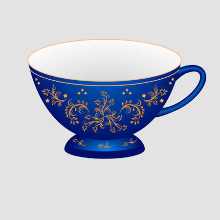 Decorative porcelain tea cup ornate with oriental vintage pattern. Isolated green cup painted with golden floral ornament. Vector illustrationのイラスト素材