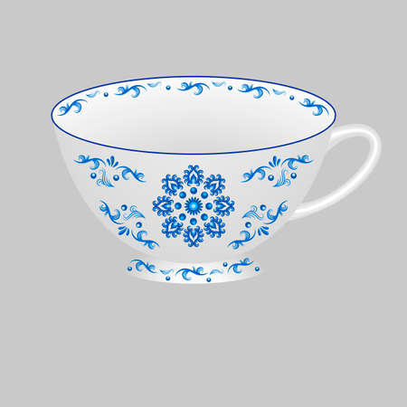 Decorative porcelain tea cup ornate with blue floral pattern in traditional Russian style Gzhel. Isolated object, white cup with blue ornament paint. Vector illustrationのイラスト素材