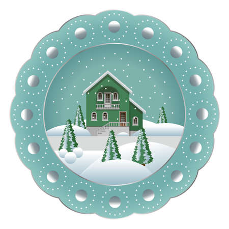 Decorative Christmas souvenir plate isolated. Porcelain plate painted with Christmas winter landscape scene. Snow, trees, snowflakes, house. Vector illustrationのイラスト素材