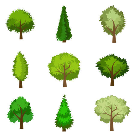 Set of seasoned trees. Flat cartoon style, isolated objects to use as elements in landscape scene. Vector illustrationのイラスト素材