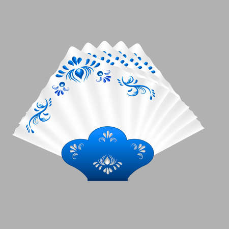 Napkins folded for table setting. White napkins decorated  in traditional Russian style Gzhel with blue floral vintage pattern. Isolated object, vector illustrationのイラスト素材