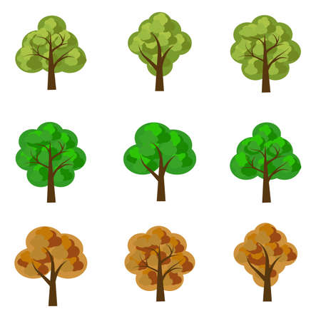 Set of seasoned trees. Flat cartoon style, isolated objects to use as elements in landscape scene. Vector illustrationのイラスト素材