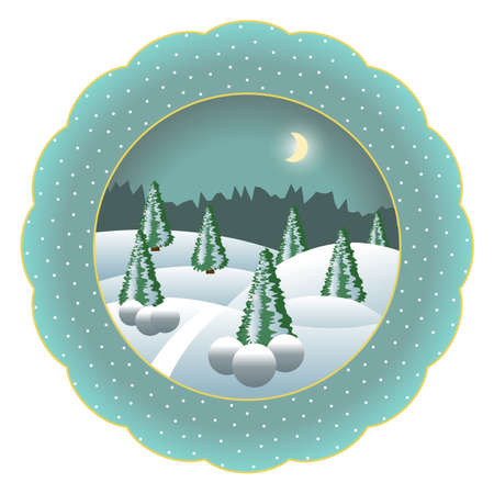 Decorative Christmas souvenir plate isolated. Porcelain plate painted with Christmas night winter landscape scene. Snow, trees, snowflakes,. Vector illustrationのイラスト素材