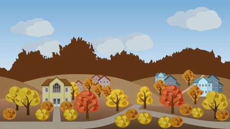 Village autumn landscape scene.  Cartoon background with town houses, hills and colorful trees, can be used in game asset. Flat style vector illustrationのイラスト素材
