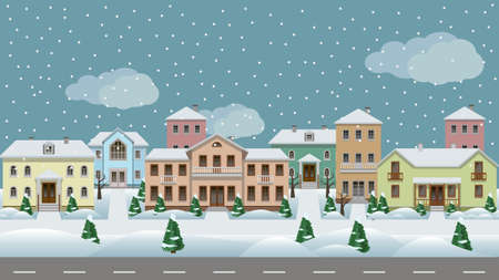 Vector urban landscape. Set of town houses along city street, sidewalks, winter with snowflakes and trees in snow. Seamless background for cartoon or game asset. Vector illustrationのイラスト素材