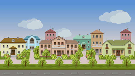Vector urban landscape. Set of town houses along city street, sidewalks, summer or spring, trees and bushes in blossom. Seamless background for cartoon or game asset. Vector illustrationのイラスト素材