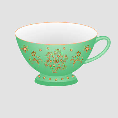 Decorative porcelain tea cup ornate with oriental vintage pattern. Isolated green cup painted with golden floral ornament. Vector illustrationのイラスト素材