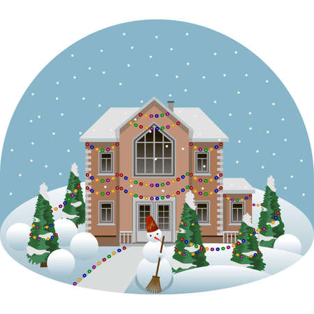 Family Manor House In Cartoon Winter Landscape Scene Decorated For Christmas Or New Year House And Trees In Snow Sidewalk Funny Snowman Snowfall Vector Illustration Flat Design Style Royalty Free Vector Graphics