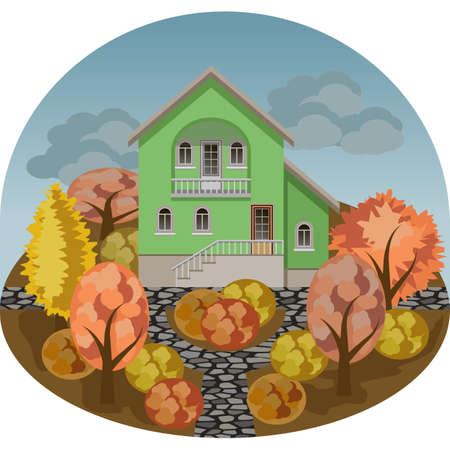 Family manor house in cartoon autumn garden landscape with colorful trees and bushes. Vector illustrationのイラスト素材