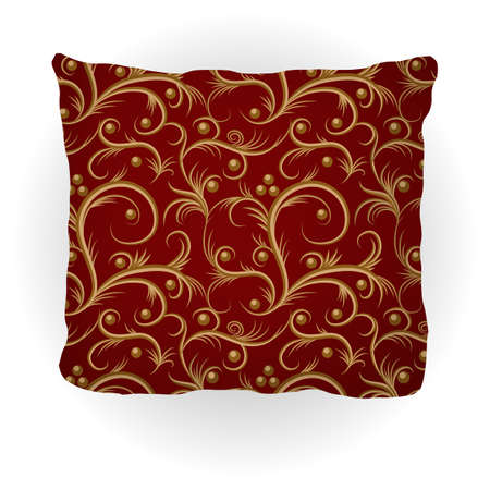 Throw pillow isolated for home interior design. Decorated with golden vintage floral pattern on vinous, Victorian style . Vector illustration.のイラスト素材