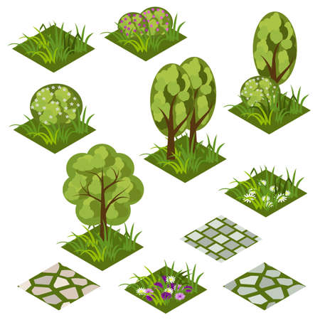 Garden or farm isometric tile set. Isolated isometric tiles with grass, flowers, bushes and trees to design garden landscape scene. Use in cartoon or game asset. Vector illustrationのイラスト素材