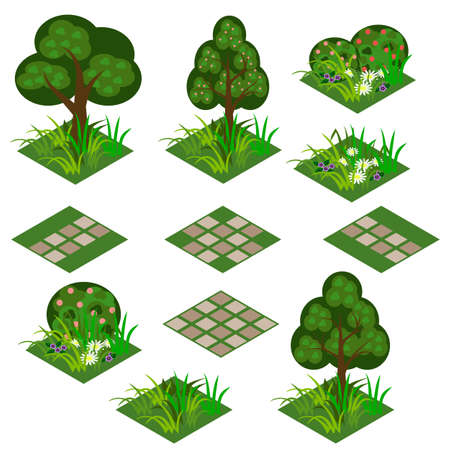 Garden or farm isometric tile set. Isolated isometric tiles with grass, flowers, bushes and trees to design garden landscape scene. Use in cartoon or game asset. Vector illustrationのイラスト素材