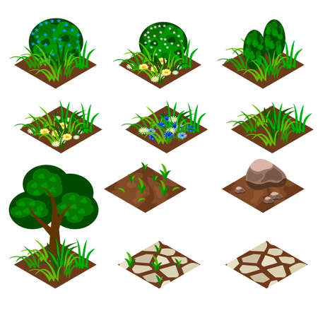 Garden or farm isometric tile set. Isolated isometric tiles with grass, flowers, bushes and trees to design garden landscape scene. Use in cartoon or game asset. Vector illustrationのイラスト素材
