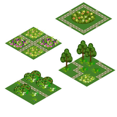 Garden isometric tile set. Asset for design garden landscape scenes with trees, bushes, flowers, grass and walks. Use as cartoon or game isometric asset vector illustration, isolated tiles.のイラスト素材