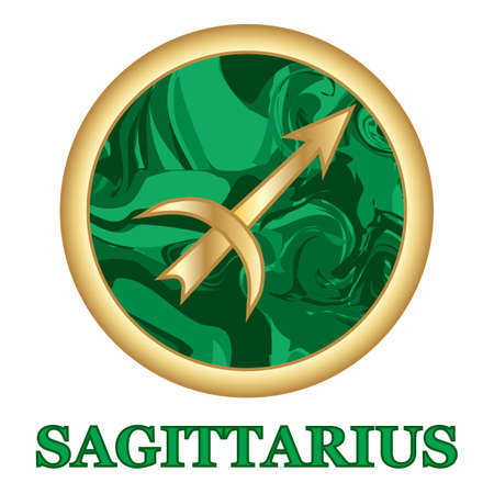 Sagittarius Zodiac sign icon isolated. Astrology and horoscope graphic design element. Golden symbol on malachite green background Vector illustrationのイラスト素材