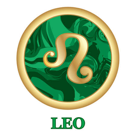 Leo Zodiac sign icon isolated. Astrology and horoscope graphic design element. Golden symbol on malachite green background. Vector illustrationのイラスト素材