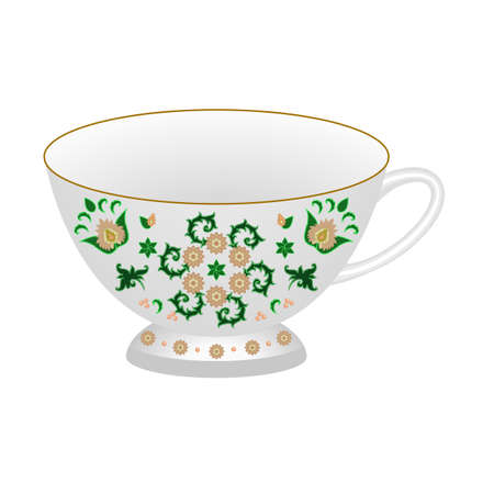Decorative porcelain tea cup ornate in traditional oriental Indian style. Isolated tea cup with colorful exotic floral pattern. Vector illustrationのイラスト素材
