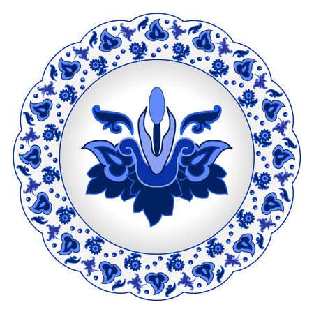 Decorative porcelain plate ornate in traditional Russian style Gzhel. Isolated white plate with blue floral pattern. Vector illustrationのイラスト素材