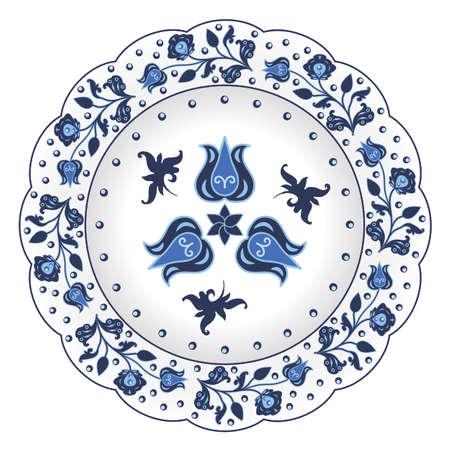 Decorative porcelain plate ornate in traditional Russian style Gzhel. Isolated white plate with blue floral pattern. Vector illustrationのイラスト素材