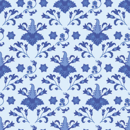 Seamless pattern in traditional Russian Gzhel style, blue ornament with exotic flowers and leaves. Use as backgrounds, wallpapers, fabric and textile design. Vector illustration, seamless patternのイラスト素材