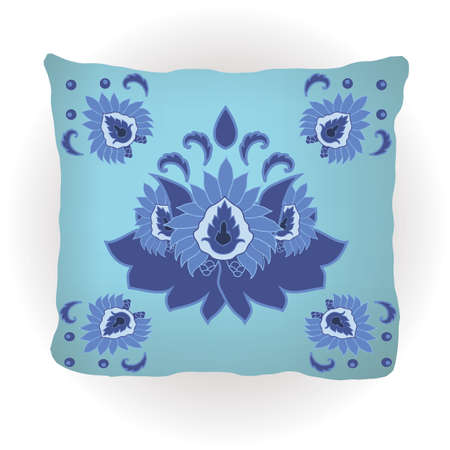 Throw pillow isolated for home interior design. Decorated with traditional floral ornament in oriental style. Vector illustrationのイラスト素材