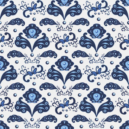 Seamless pattern in traditional Russian Gzhel style, blue ornament with exotic flowers and leaves. Use as backgrounds, wallpapers, fabric and textile design. Vector illustration, seamless patternのイラスト素材