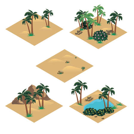 Desert landscape isometric tile set. Cartoon or game asset to create desert scene or background with sand dunes, oasis in desert, palms, rocks and stones. Isolated isometric tiles, vector illustrationのイラスト素材
