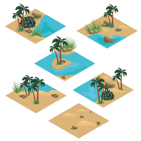 Desert landscape isometric tile set. Cartoon or game asset to create desert scene or background with sand dunes, oasis in desert, palms, rocks and stones. Isolated isometric tiles, vector illustrationのイラスト素材
