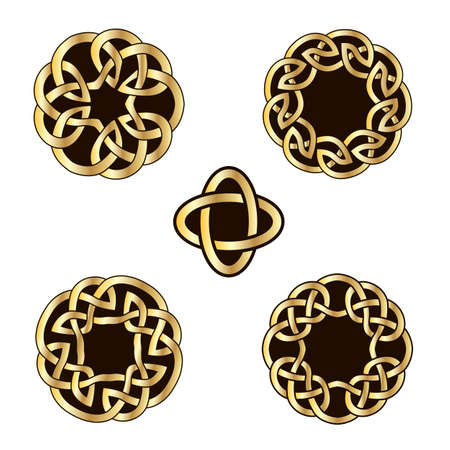 Set of vintage icons of traditional celtic style ornament. Isolated vignettes with classic celtic knots, black and white. Vector illustrationのイラスト素材