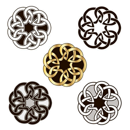 Set of vintage icons of traditional celtic style ornament. Isolated vignettes with classic celtic knots, black and white. Vector illustrationのイラスト素材