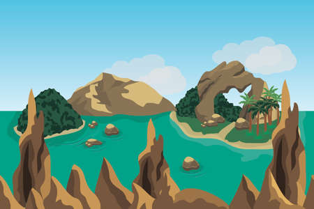 Sea landscape scene background to use in game or cartoon asset. Ocean, island with forest and palms, rocks. Vector illustrationのイラスト素材