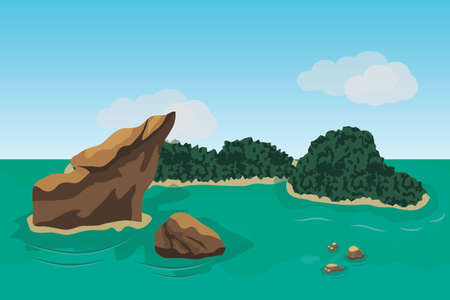 Sea landscape scene background to use in game or cartoon asset. Ocean, islands, rocks and green forests. Vector illustrationのイラスト素材