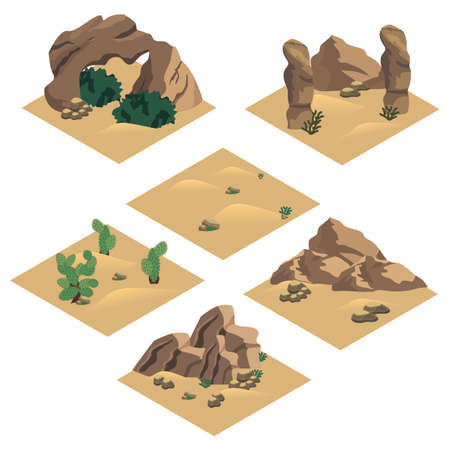Desert landscape isometric tile set. Cartoon or game asset to create desert scene or background with sand, rocks and desert plants. Isolated isometric tiles, vector illustrationのイラスト素材