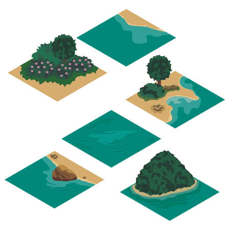 Beach landscape isometric tile set. Cartoon or game asset to create landscape scene and background with sea coast, sand beach, rocks and trees. Isolated isometric tiles, vector illustrationのイラスト素材