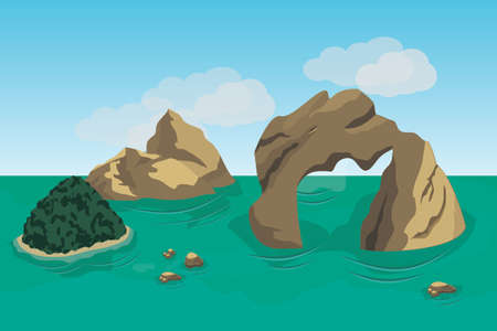 Sea landscape scene background to use in game or cartoon asset. Ocean, islands, rocks and green forests. Vector illustrationのイラスト素材