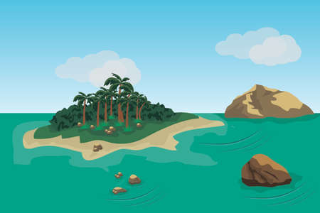 Sea landscape scene background to use in game or cartoon asset. Ocean, island with forest and palms, rocks. Vector illustrationのイラスト素材