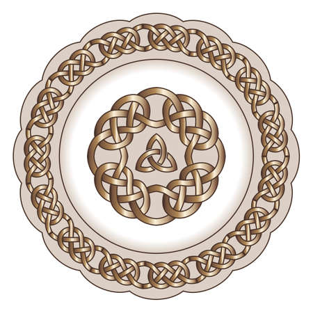 Decorative porcelain plate for table asset ornate with pattern in traditional Celtic style. Celtic knots, Celtic borders, Celtic ornament. Isolated object, vector illustrationのイラスト素材