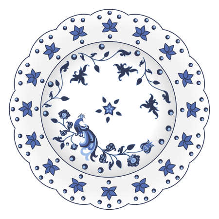 Decorative porcelain plate ornate in traditional Russian style Gzhel. Isolated white plate with blue floral pattern with famous oriental character - the firebird. Vector illustrationのイラスト素材