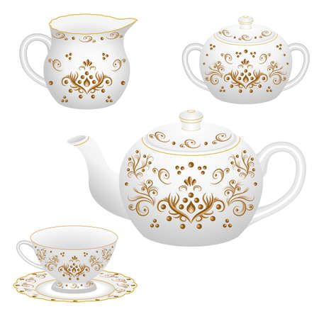 Tea party decorative porcelain table set ornate with golden vintage floral pattern in traditional oriental design style. Isolated teapot, tea cup, milk jug and sugar bowl. Vector illustrationのイラスト素材