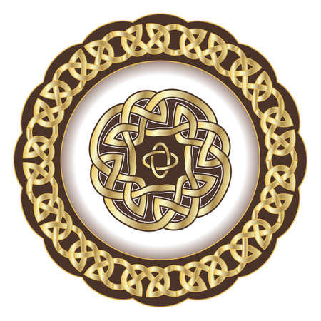 Decorative porcelain plate for table asset ornate with pattern in traditional Celtic style. Celtic knots, Celtic borders, Celtic ornament. Isolated object, vector illustrationのイラスト素材