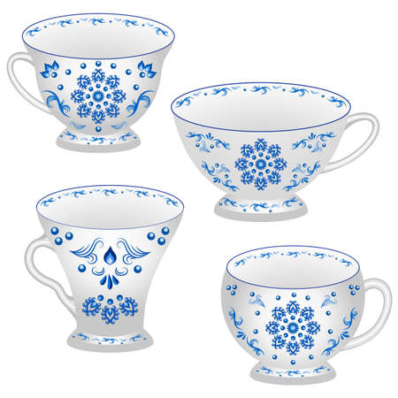 Set of tea cups ornate in traditional Russian style Gzhel. White cups with blue floral ornament pattern, various shapes. Isolated objects, vector illustrationのイラスト素材