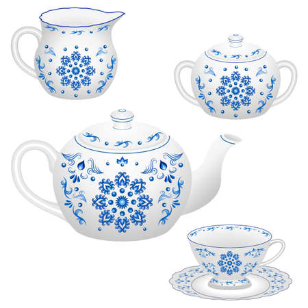 Tea party decorative porcelain table set ornate in traditional  Russian style Gzhel with floral pattern, blue on white. Isolated teapot, tea cup, milk jug and sugar bowl. Vector illustrationのイラスト素材
