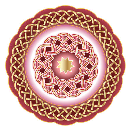 Decorative porcelain plate for table asset ornate with golden geometric pattern in traditional Celtic style. Celtic border, geometric ornament. Vector illustration, isolated objectのイラスト素材