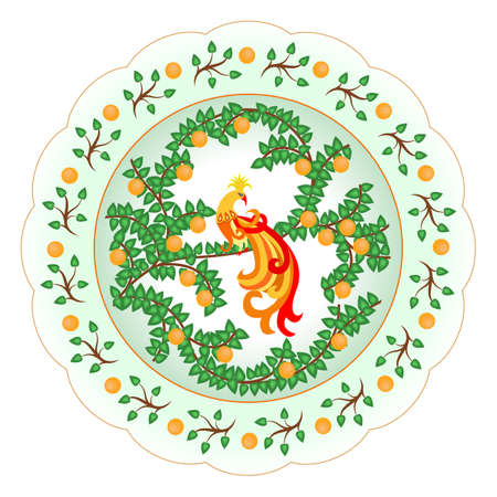 Decorative porcelain plate ornate with a colorful oriental style pattern with a traditional exotic bird, leaves and oranges. Isolated object, vector illustrationのイラスト素材