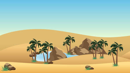 Desert landscape background with oasis. Sand dunes, lake and palms in oasis, rocks.  Cartoon or adventure game asset background. Vector illustrationのイラスト素材